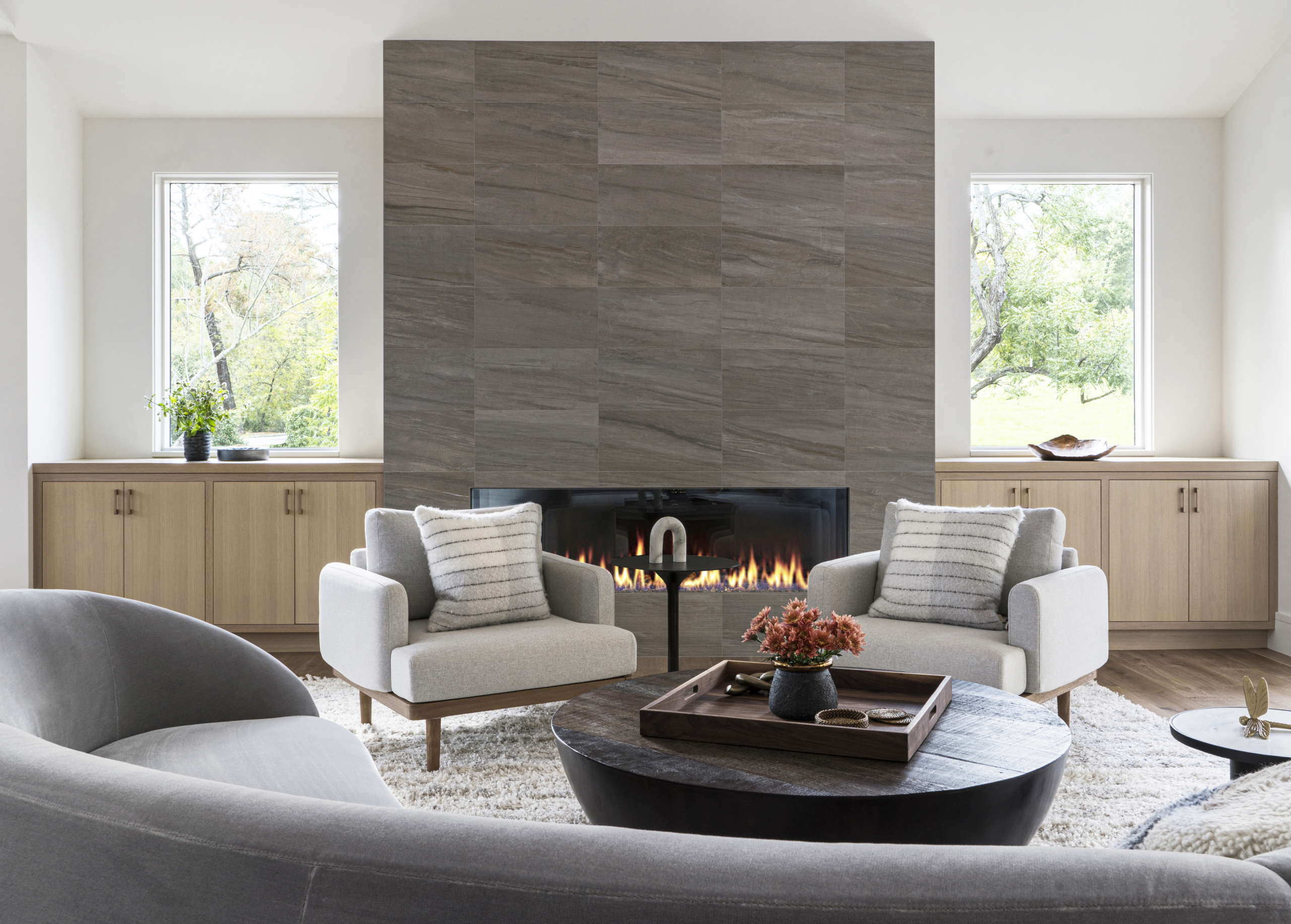 Living area with fireplace and neutral seating