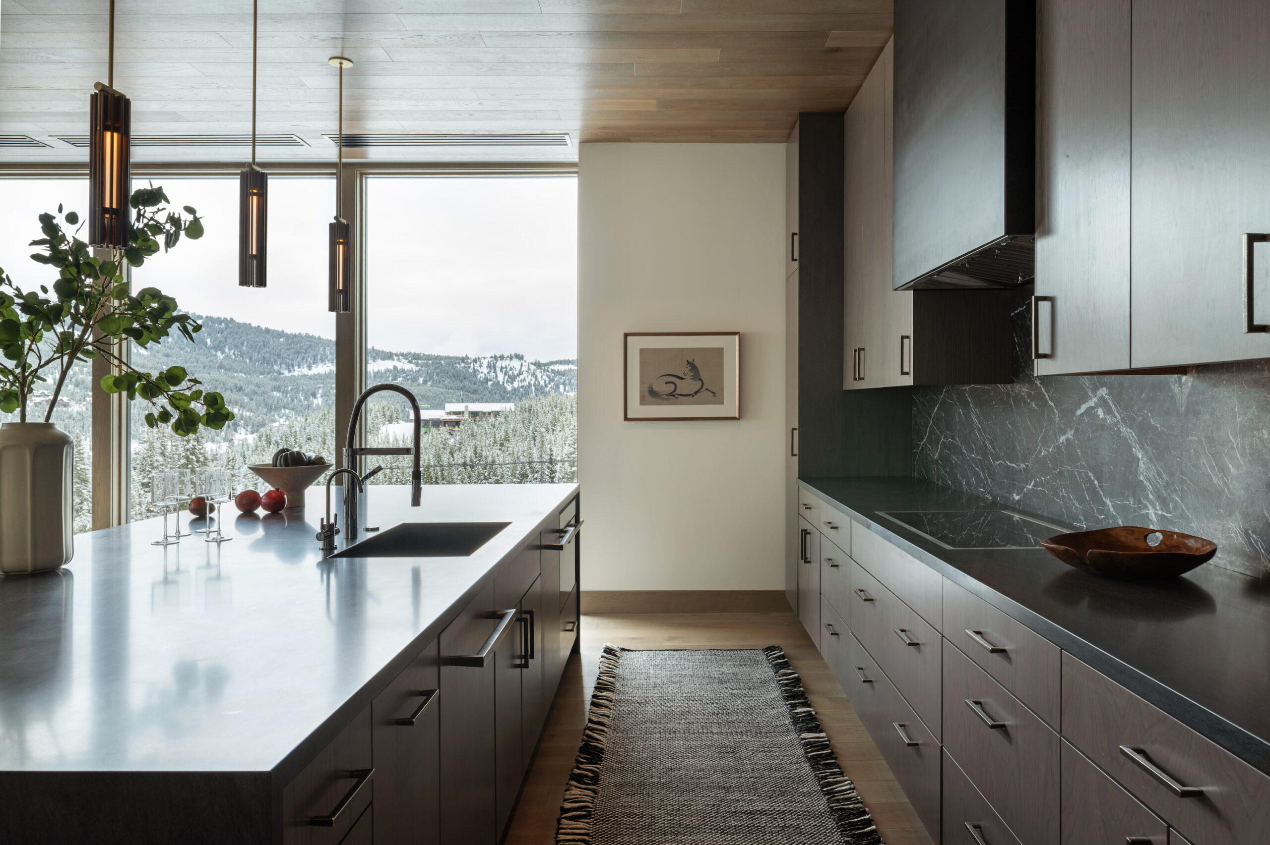 Dark, modern kitchen with mountain view
