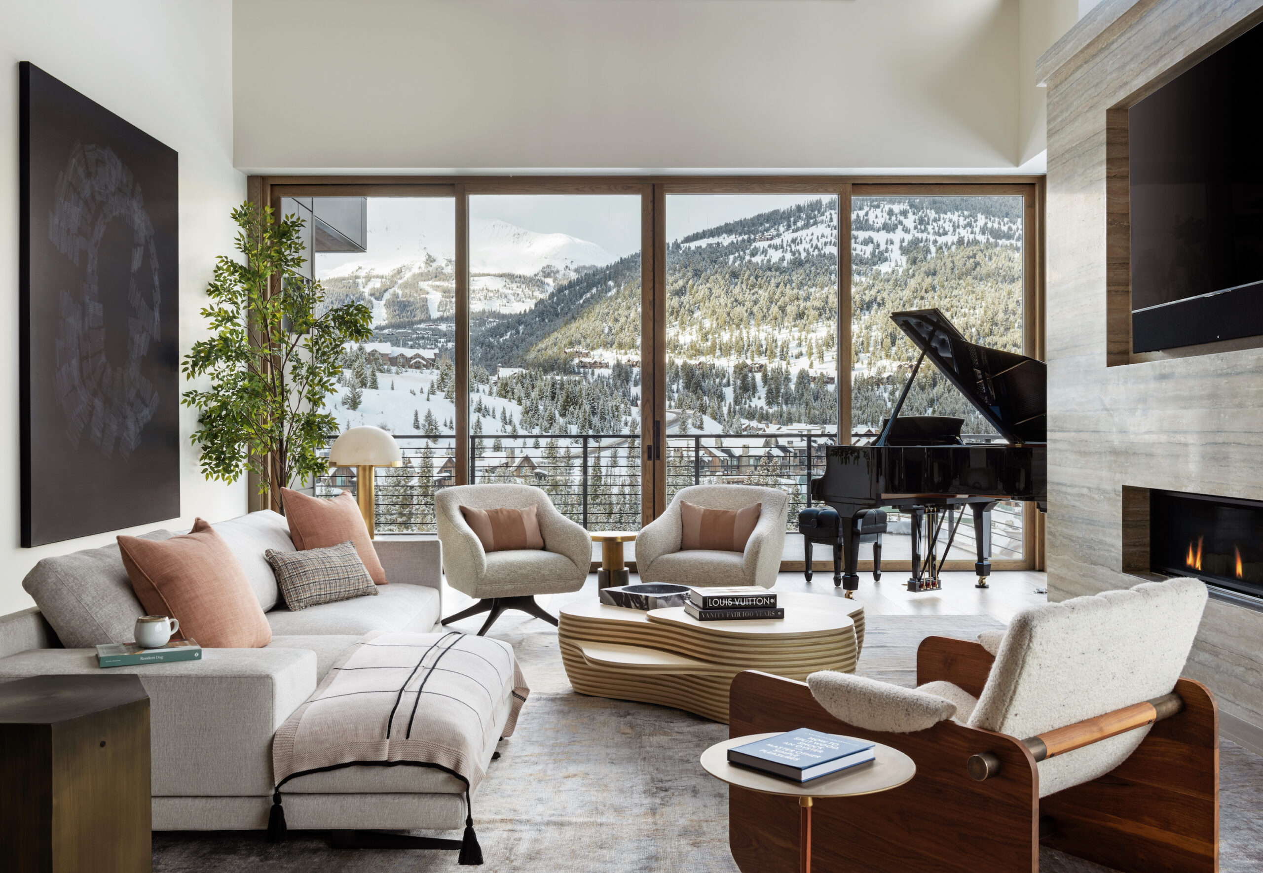 Living room with mountain view and piano