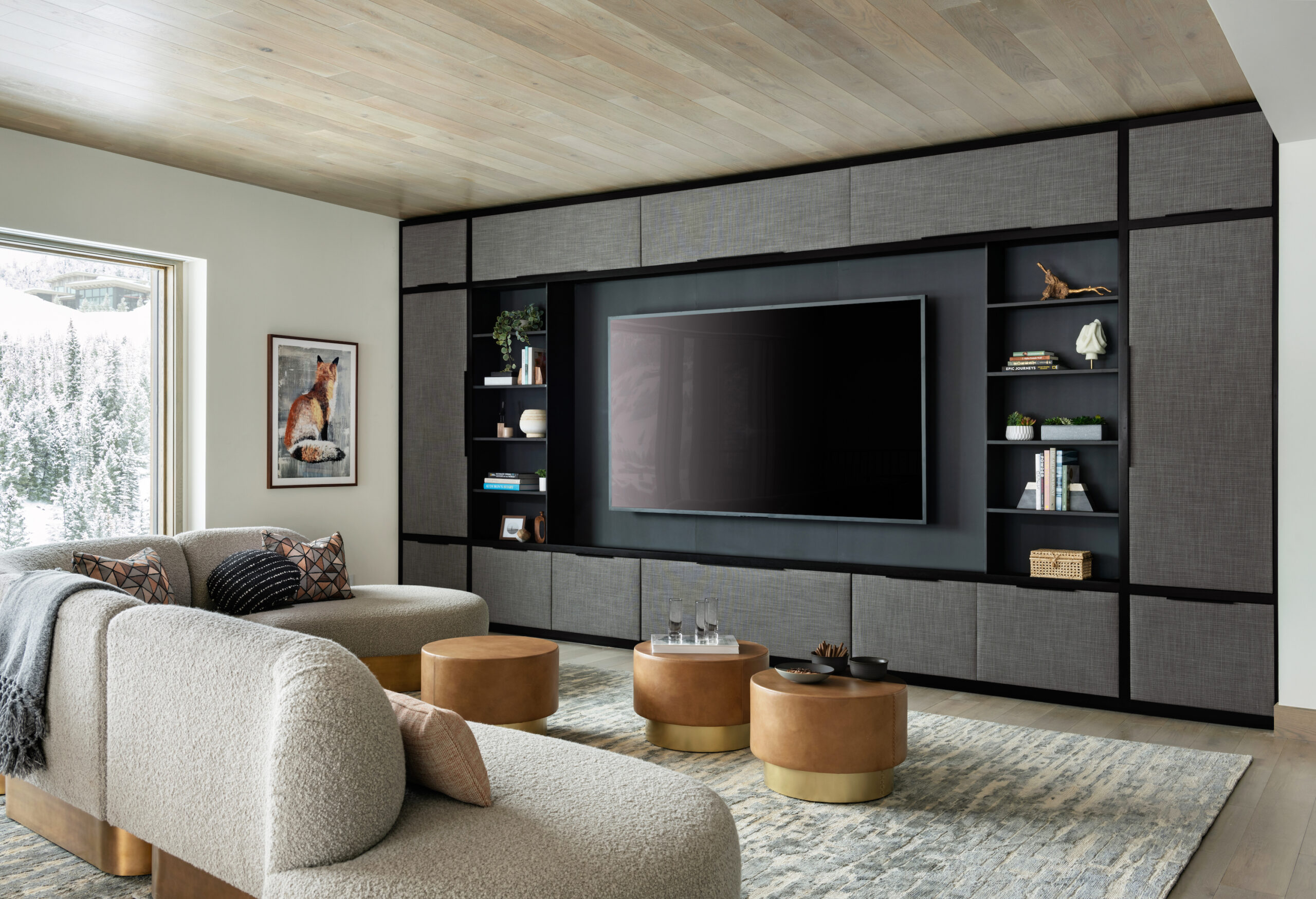 Media room with wood ceiling