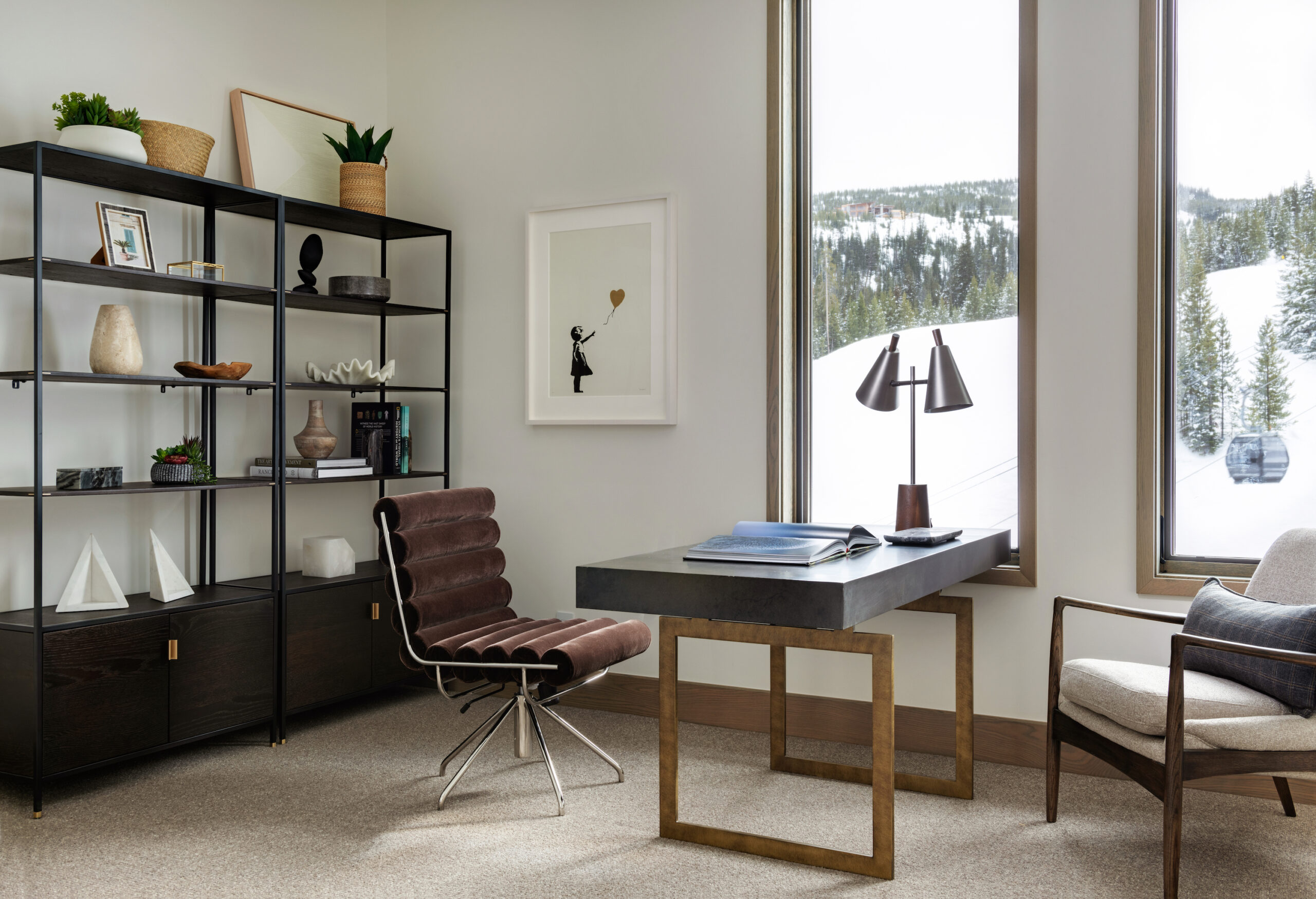 Office with modern furniture and mountain view